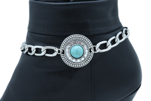 Women Silver Metal Chain Boot Bracelet Shoe Medallion Charm Turquoise Blue Bead Adjustable Size Band