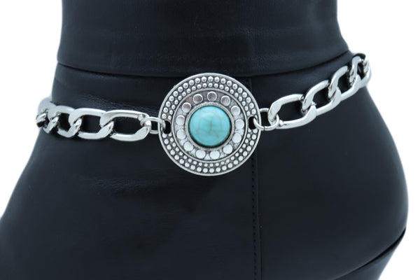 Women Silver Metal Chain Boot Bracelet Shoe Medallion Charm Turquoise Blue Bead Adjustable Size Band