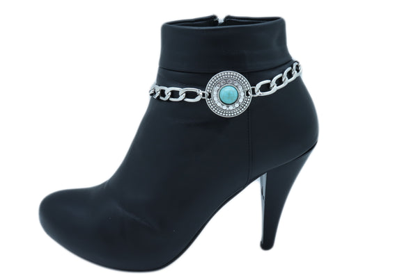 Women Silver Metal Chain Boot Bracelet Shoe Medallion Charm Turquoise Blue Bead Adjustable Size Band