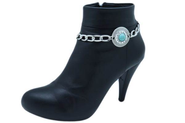 Women Silver Metal Chain Boot Bracelet Shoe Medallion Charm Turquoise Blue Bead Adjustable Size Band