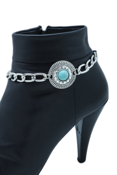 Women Silver Metal Chain Boot Bracelet Shoe Medallion Charm Turquoise Blue Bead Adjustable Size Band