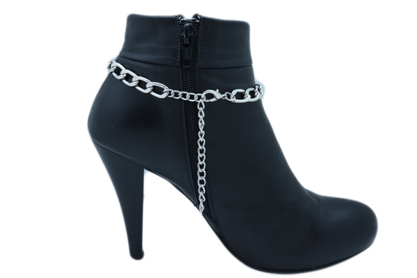 Women Silver Metal Chain Boot Bracelet Shoe Medallion Charm Turquoise Blue Bead Adjustable Size Band
