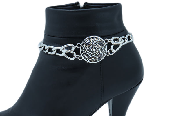 Brand New Women Silver Metal Chain Boot Bracelet Shoe Swirl Coin Charm Bling Anklet Strap