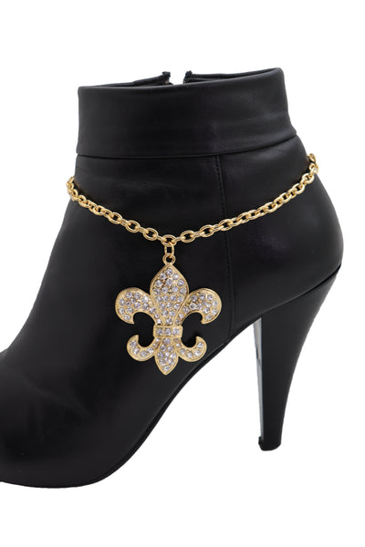 Brand New Women Gold Boot Chain Bracelet Western Shoe Anklet Fleur De Lis Lily Bling Charm
