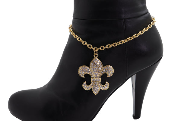 Brand New Women Gold Boot Chain Bracelet Western Shoe Anklet Fleur De Lis Lily Bling Charm