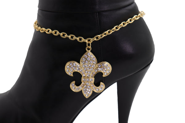 Brand New Women Gold Boot Chain Bracelet Western Shoe Anklet Fleur De Lis Lily Bling Charm
