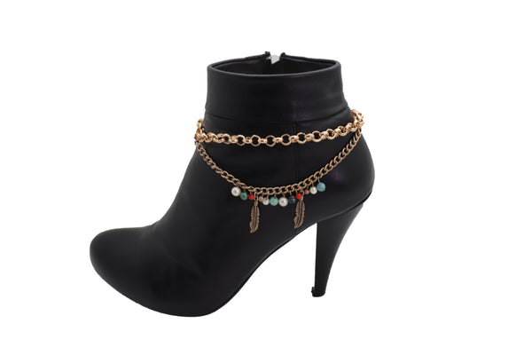 Brand New Women Gold Metal Chain Boot Bracelet Shoe Ethnic Indian Feather Charm Anklet