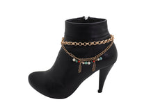 Gold Metal Chain Boot Bracelet Shoe Ethnic Indian Feather Charm Anklet