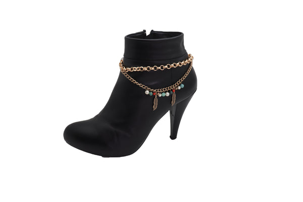 Brand New Women Gold Metal Chain Boot Bracelet Shoe Ethnic Indian Feather Charm Anklet