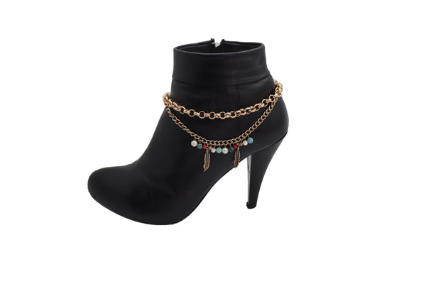 Brand New Women Gold Metal Chain Boot Bracelet Shoe Ethnic Indian Feather Charm Anklet