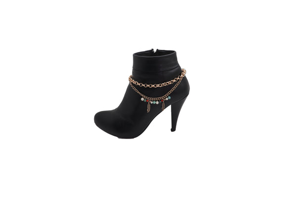 Brand New Women Gold Metal Chain Boot Bracelet Shoe Ethnic Indian Feather Charm Anklet