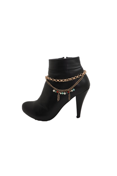Brand New Women Gold Metal Chain Boot Bracelet Shoe Ethnic Indian Feather Charm Anklet