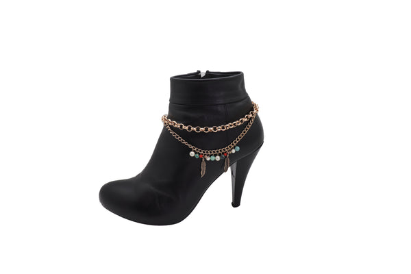 Brand New Women Gold Metal Chain Boot Bracelet Shoe Ethnic Indian Feather Charm Anklet