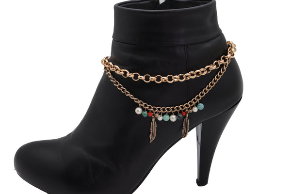 Brand New Women Gold Metal Chain Boot Bracelet Shoe Ethnic Indian Feather Charm Anklet