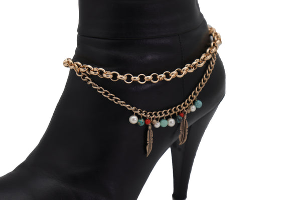 Brand New Women Gold Metal Chain Boot Bracelet Shoe Ethnic Indian Feather Charm Anklet