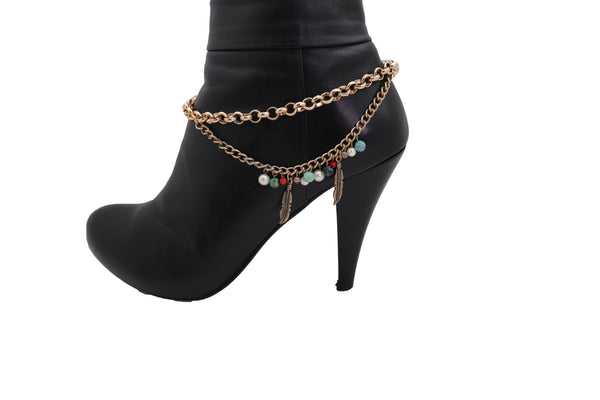 Brand New Women Gold Metal Chain Boot Bracelet Shoe Ethnic Indian Feather Charm Anklet