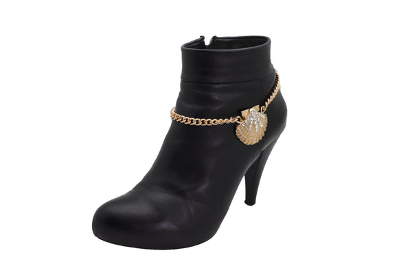 Brand New Women Gold Metal Chain Western Boot Bracelet Shoe Anklet Bling Seashell Charm