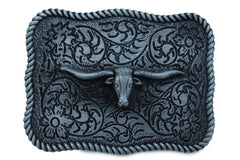 Texas Longhorn Filigree Background Silver Metal Belt Buckle