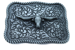 Texas Longhorn Filigree Background Silver Metal Belt Buckle