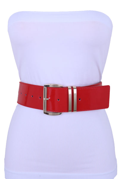 Brand New Women Red Color Faux Patent Leather Wide Band Belt Gold Metal Buckle Size M L XL