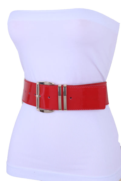 Brand New Women Red Color Faux Patent Leather Wide Band Belt Gold Metal Buckle Size M L XL