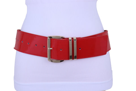 Brand New Women Red Color Faux Patent Leather Wide Band Belt Gold Metal Buckle Size M L XL