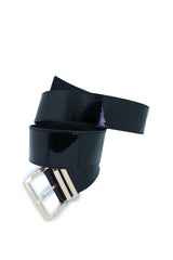 Women Black Faux Patent Leather Wide Fancy Fashion Belt Gold Metal Bling Buckle Fits Size M L XL