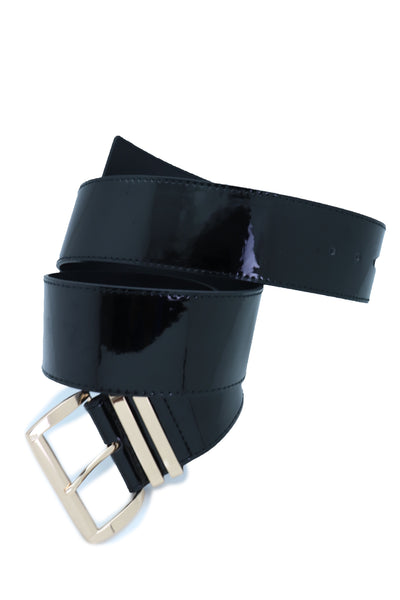 Brand New Women Black Faux Leather Wide Fashion Belt Gold Metal Bling Buckle Size M L XL
