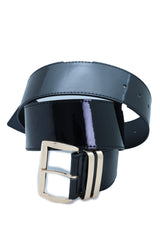 Women Black Faux Patent Leather Wide Fancy Fashion Belt Gold Metal Bling Buckle Fits Size M L XL