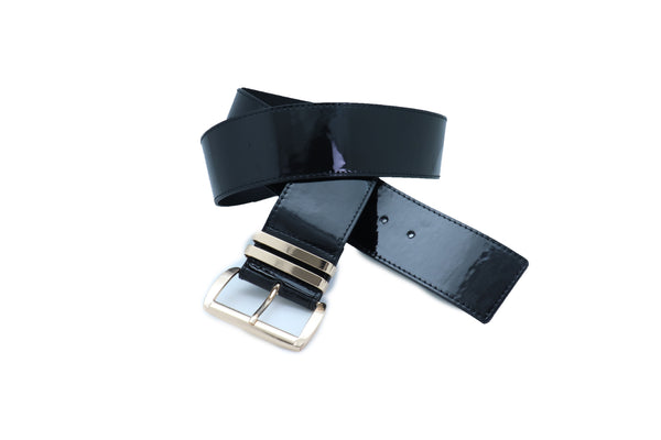 Brand New Women Black Faux Leather Wide Fashion Belt Gold Metal Bling Buckle Size M L XL
