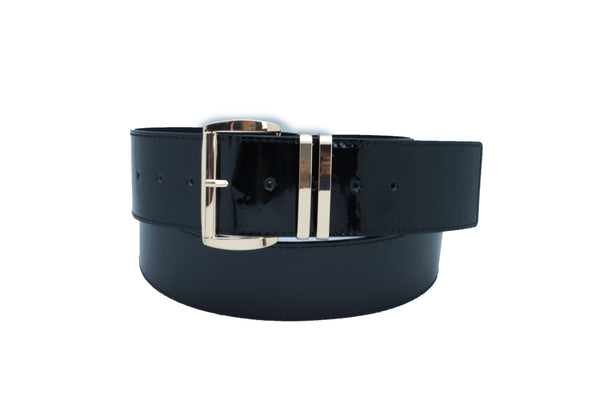 Brand New Women Black Faux Leather Wide Fashion Belt Gold Metal Bling Buckle Size M L XL