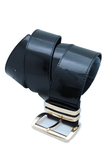 Brand New Women Black Faux Leather Wide Fashion Belt Gold Metal Bling Buckle Size M L XL