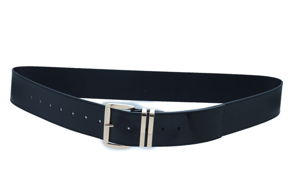 Brand New Women Black Faux Leather Wide Fashion Belt Gold Metal Bling Buckle Size M L XL