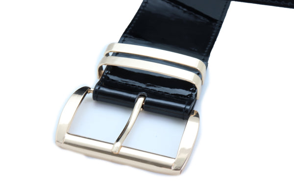 Brand New Women Black Faux Leather Wide Fashion Belt Gold Metal Bling Buckle Size M L XL