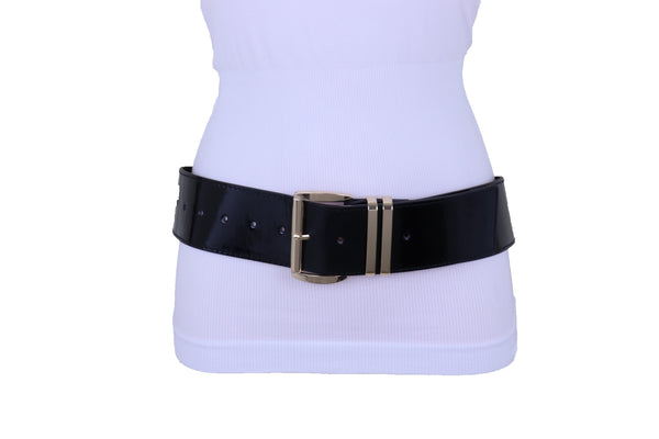 Brand New Women Black Faux Leather Wide Fashion Belt Gold Metal Bling Buckle Size M L XL