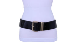 Women Black Faux Patent Leather Wide Fancy Fashion Belt Gold Metal Bling Buckle Fits Size M L XL