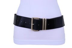 Women Black Faux Patent Leather Wide Fancy Fashion Belt Gold Metal Bling Buckle Fits Size M L XL