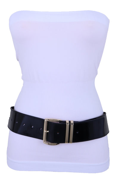 Brand New Women Black Faux Leather Wide Fashion Belt Gold Metal Bling Buckle Size M L XL