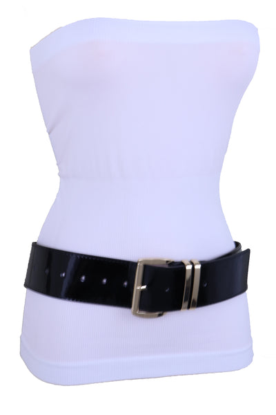 Brand New Women Black Faux Leather Wide Fashion Belt Gold Metal Bling Buckle Size M L XL