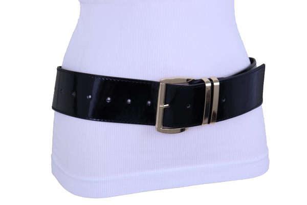 Brand New Women Black Faux Leather Wide Fashion Belt Gold Metal Bling Buckle Size M L XL