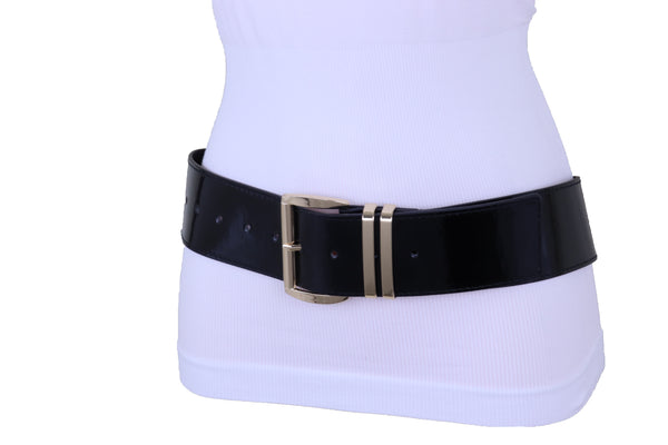 Brand New Women Black Faux Leather Wide Fashion Belt Gold Metal Bling Buckle Size M L XL