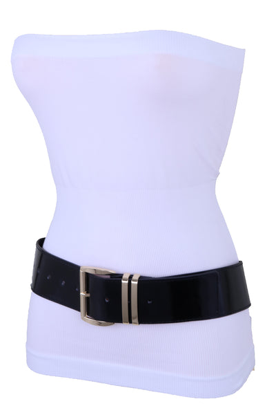 Brand New Women Black Faux Leather Wide Fashion Belt Gold Metal Bling Buckle Size M L XL