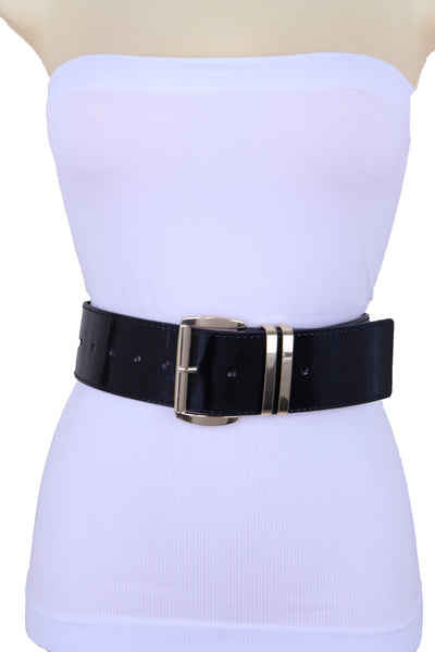 Brand New Women Black Faux Leather Wide Fashion Belt Gold Metal Bling Buckle Size M L XL