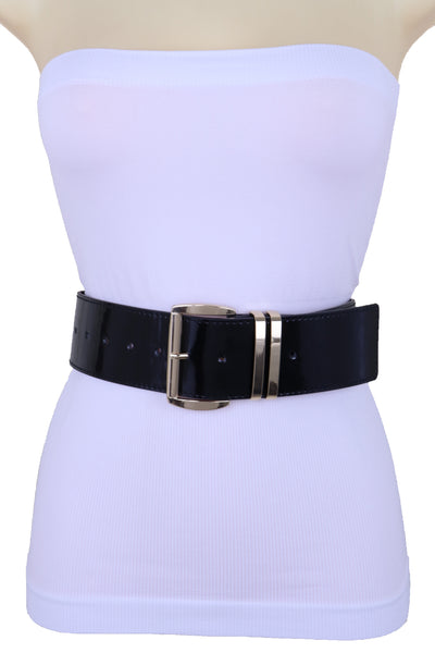 Brand New Women Black Faux Leather Wide Fashion Belt Gold Metal Bling Buckle Size M L XL