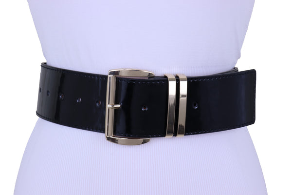 Brand New Women Black Faux Leather Wide Fashion Belt Gold Metal Bling Buckle Size M L XL