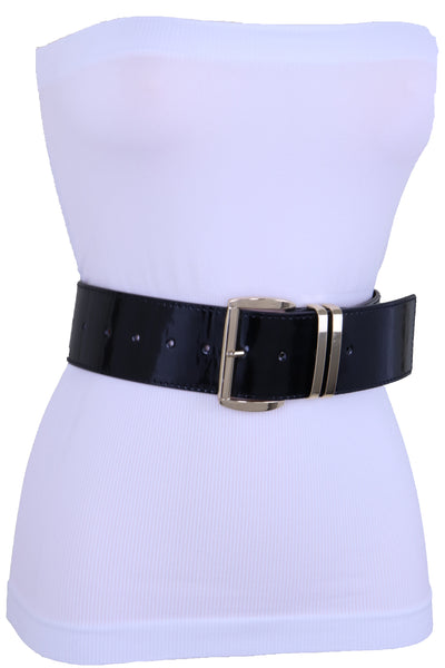 Brand New Women Black Faux Leather Wide Fashion Belt Gold Metal Bling Buckle Size M L XL