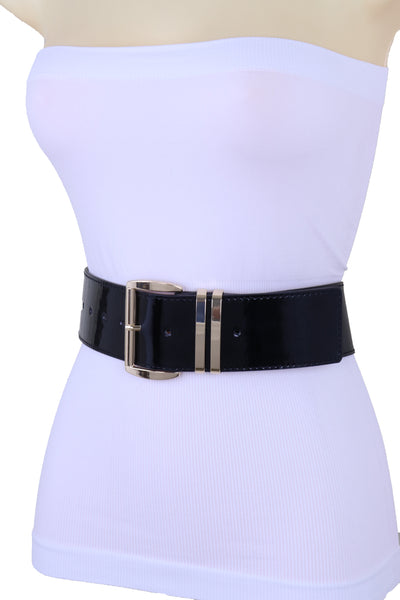 Brand New Women Black Faux Leather Wide Fashion Belt Gold Metal Bling Buckle Size M L XL
