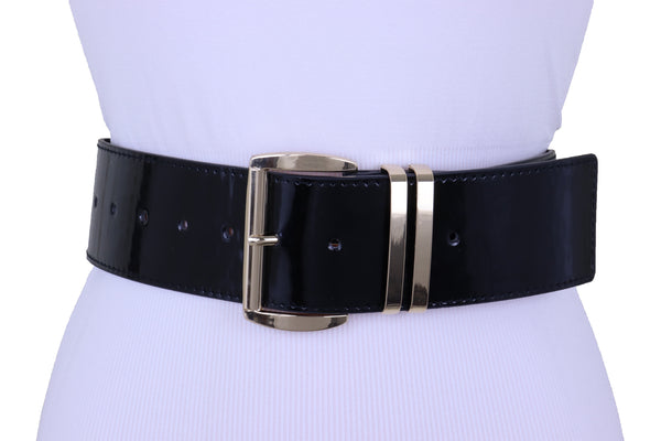 Brand New Women Black Faux Leather Wide Fashion Belt Gold Metal Bling Buckle Size M L XL
