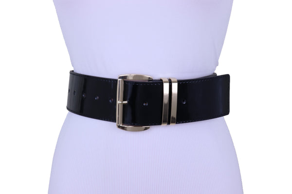 Brand New Women Black Faux Leather Wide Fashion Belt Gold Metal Bling Buckle Size M L XL