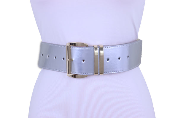 Brand New Women Silver Faux Leather Waistband Hip Waist Fashion Belt Gold Buckle M L XL